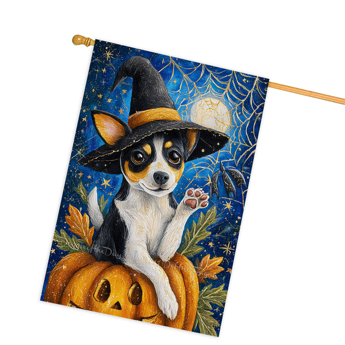 Rat Terrier Halloween House Flag Pumpkin Witch Hat Large Outdoor Banner Fall Home Porch Yard Decoration 28 x 40 Inch