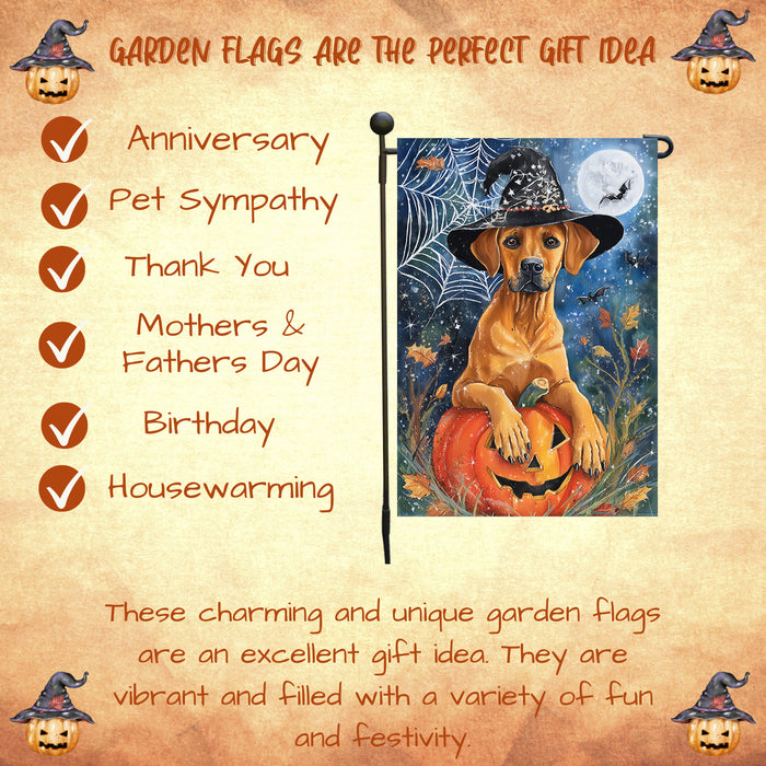 Rhodesian Ridgeback Halloween Garden Flag Witch Hat Pumpkin Yard Banner Fall Dog Outdoor Decor 12.5 x 18 Inch