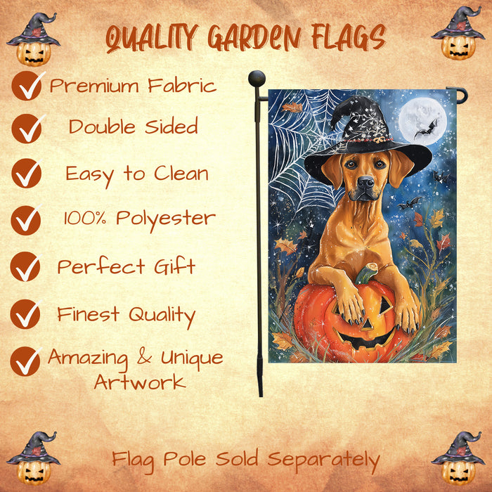 Rhodesian Ridgeback Halloween Garden Flag Witch Hat Pumpkin Yard Banner Fall Dog Outdoor Decor 12.5 x 18 Inch