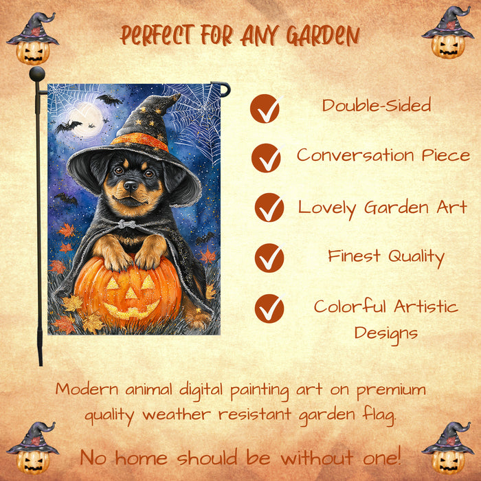 Rottweiler Halloween Garden Flag Pumpkin Witch Hat Moon Yard Banner Outdoor Fall Decor 12.5 x 18 Inch