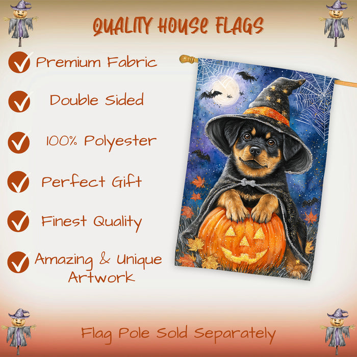 Rottweiler Halloween House Flag Pumpkin Witch Hat Moon Large Outdoor Banner Fall Porch Yard Decoration 28 x 40 Inch