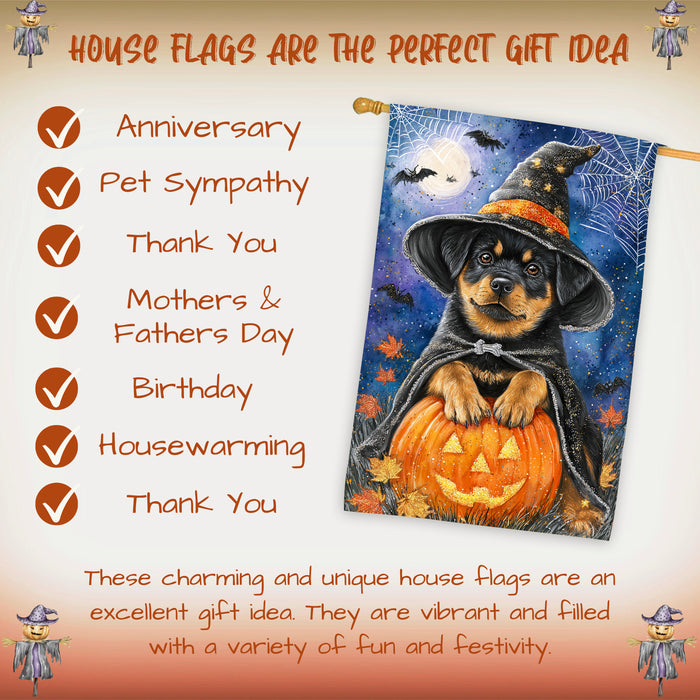 Rottweiler Halloween House Flag Pumpkin Witch Hat Moon Large Outdoor Banner Fall Porch Yard Decoration 28 x 40 Inch