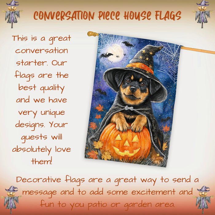 Rottweiler Halloween House Flag Pumpkin Witch Hat Moon Large Outdoor Banner Fall Porch Yard Decoration 28 x 40 Inch