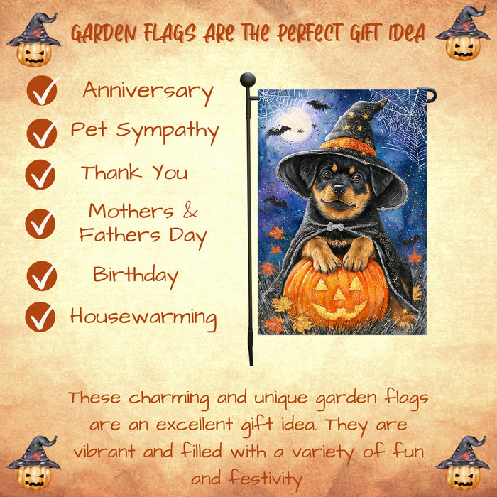 Rottweiler Halloween Garden Flag Pumpkin Witch Hat Moon Yard Banner Outdoor Fall Decor 12.5 x 18 Inch