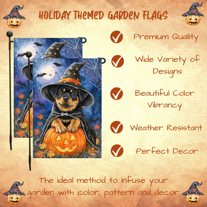 Rottweiler Halloween Garden Flag Pumpkin Witch Hat Moon Yard Banner Outdoor Fall Decor 12.5 x 18 Inch