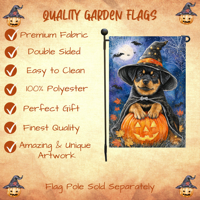 Rottweiler Halloween Garden Flag Pumpkin Witch Hat Moon Yard Banner Outdoor Fall Decor 12.5 x 18 Inch