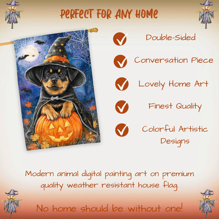 Rottweiler Halloween House Flag Pumpkin Witch Hat Moon Large Outdoor Banner Fall Porch Yard Decoration 28 x 40 Inch