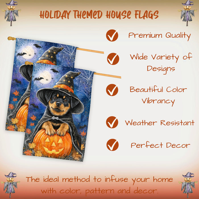 Rottweiler Halloween House Flag Pumpkin Witch Hat Moon Large Outdoor Banner Fall Porch Yard Decoration 28 x 40 Inch