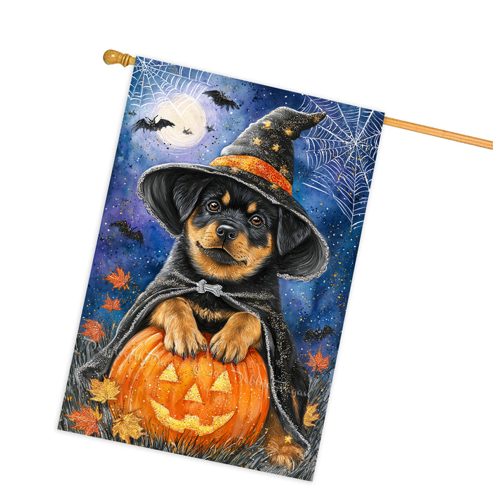 Rottweiler Halloween House Flag Pumpkin Witch Hat Moon Large Outdoor Banner Fall Porch Yard Decoration 28 x 40 Inch