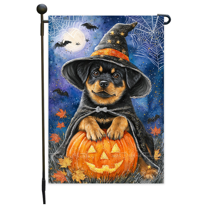 Rottweiler Halloween Garden Flag Pumpkin Witch Hat Moon Yard Banner Outdoor Fall Decor 12.5 x 18 Inch