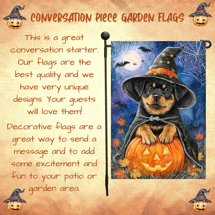 Rottweiler Halloween Garden Flag Pumpkin Witch Hat Moon Yard Banner Outdoor Fall Decor 12.5 x 18 Inch