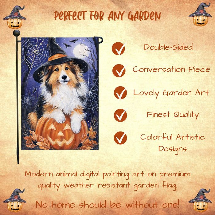 Rough Collie Halloween Garden Flag Pumpkin Moon Bat Yard Banner Fall Dog Outdoor Decor 12.5 x 18 Inch