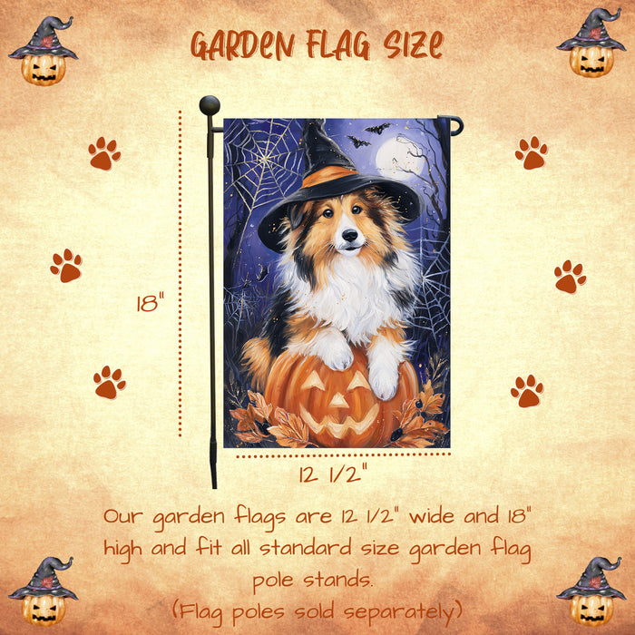 Rough Collie Halloween Garden Flag Pumpkin Moon Bat Yard Banner Fall Dog Outdoor Decor 12.5 x 18 Inch