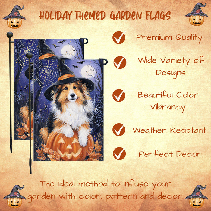 Rough Collie Halloween Garden Flag Pumpkin Moon Bat Yard Banner Fall Dog Outdoor Decor 12.5 x 18 Inch