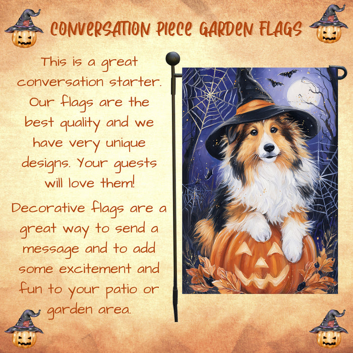 Rough Collie Halloween Garden Flag Pumpkin Moon Bat Yard Banner Fall Dog Outdoor Decor 12.5 x 18 Inch