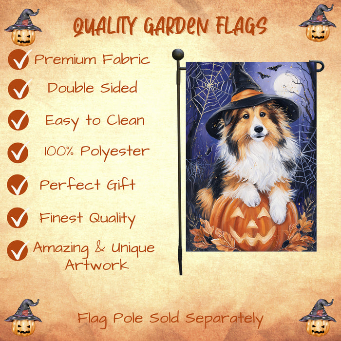 Rough Collie Halloween Garden Flag Pumpkin Moon Bat Yard Banner Fall Dog Outdoor Decor 12.5 x 18 Inch