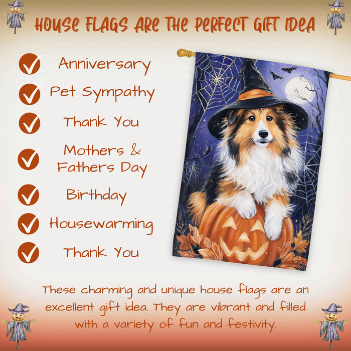 Rough Collie Halloween House Flag Pumpkin Moon Bat Large Outdoor Banner Fall Porch Yard Decoration 28 x 40 Inch