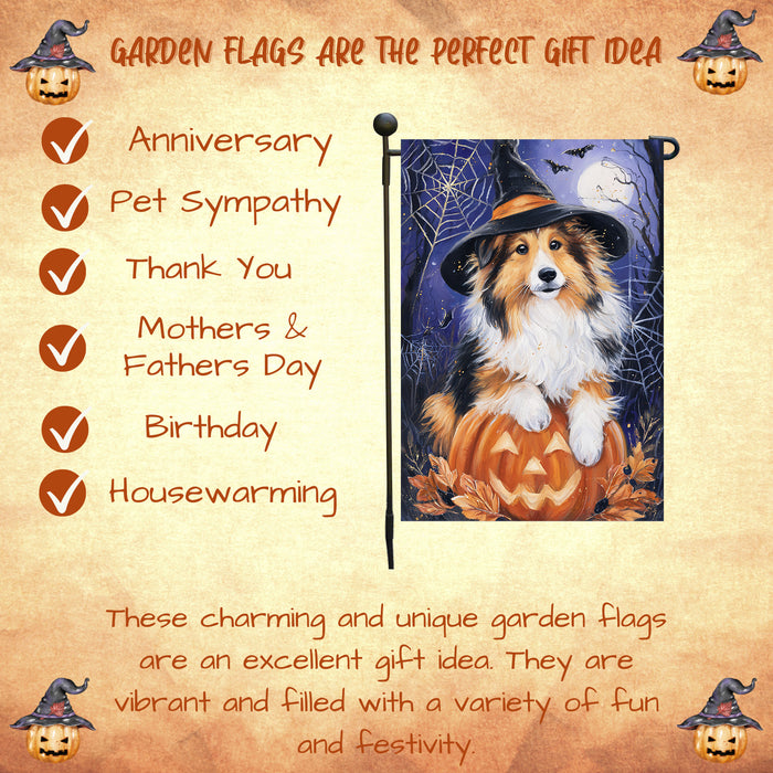 Rough Collie Halloween Garden Flag Pumpkin Moon Bat Yard Banner Fall Dog Outdoor Decor 12.5 x 18 Inch