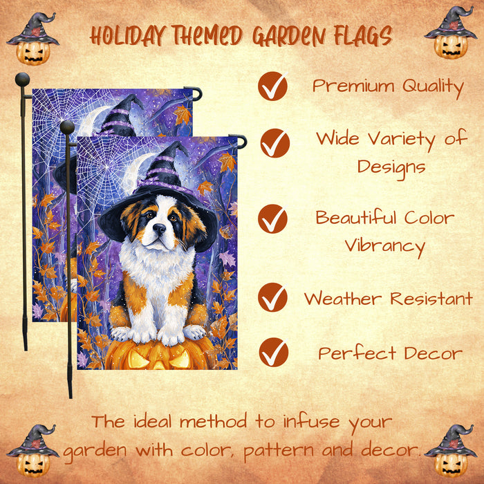 Saint Bernard Halloween Garden Flag Witch Cat Pumpkin Yard Banner Fall Outdoor Decor 12.5 x 18 Inch