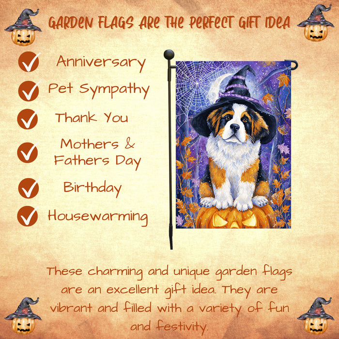 Saint Bernard Halloween Garden Flag Witch Cat Pumpkin Yard Banner Fall Outdoor Decor 12.5 x 18 Inch