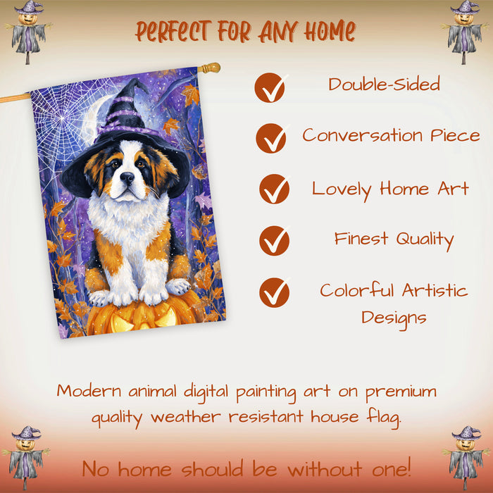 Saint Bernard Halloween House Flag Witch Cat Pumpkin Large Outdoor Banner Fall Porch Yard Decoration 28 x 40 Inch