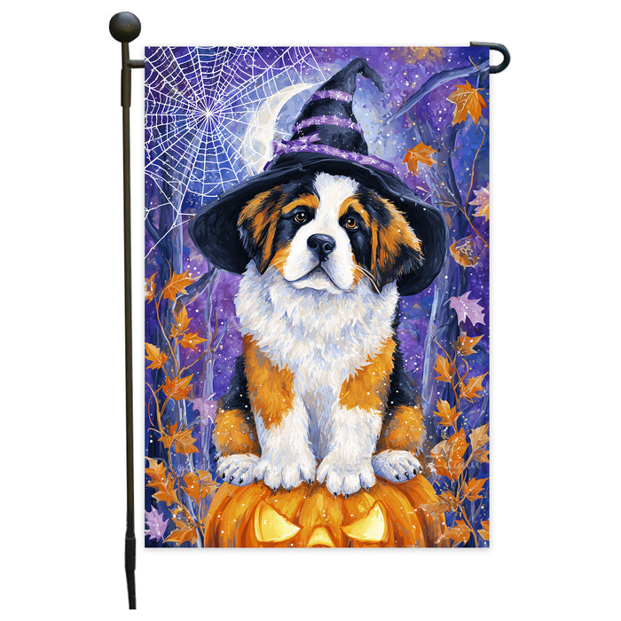 Saint Bernard Halloween Garden Flag Witch Cat Pumpkin Yard Banner Fall Outdoor Decor 12.5 x 18 Inch