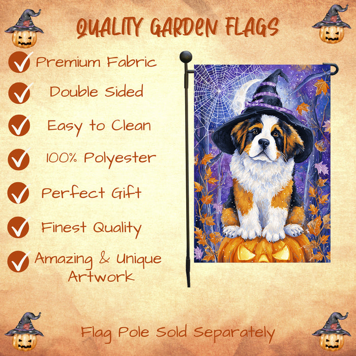 Saint Bernard Halloween Garden Flag Witch Cat Pumpkin Yard Banner Fall Outdoor Decor 12.5 x 18 Inch