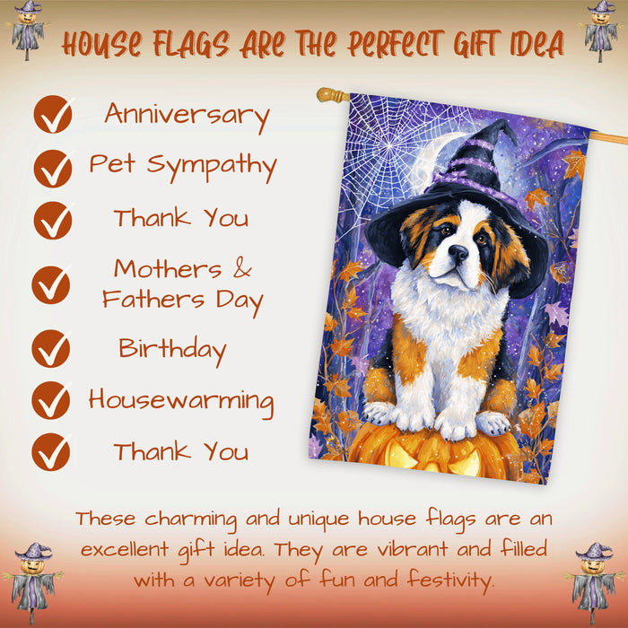 Saint Bernard Halloween House Flag Witch Cat Pumpkin Large Outdoor Banner Fall Porch Yard Decoration 28 x 40 Inch