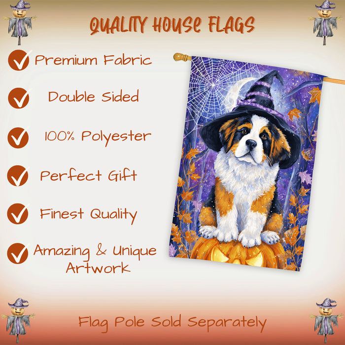 Saint Bernard Halloween House Flag Witch Cat Pumpkin Large Outdoor Banner Fall Porch Yard Decoration 28 x 40 Inch