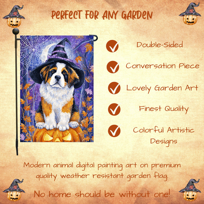 Saint Bernard Halloween Garden Flag Witch Cat Pumpkin Yard Banner Fall Outdoor Decor 12.5 x 18 Inch