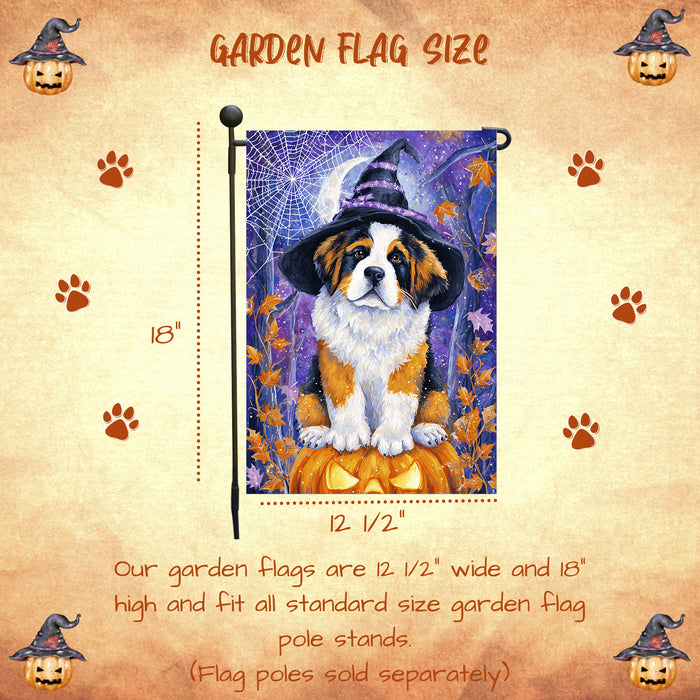 Saint Bernard Halloween Garden Flag Witch Cat Pumpkin Yard Banner Fall Outdoor Decor 12.5 x 18 Inch