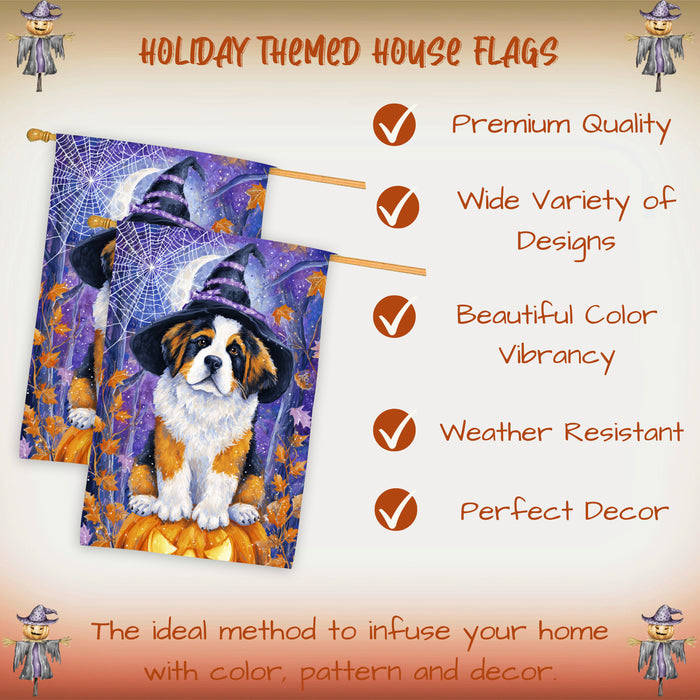 Saint Bernard Halloween House Flag Witch Cat Pumpkin Large Outdoor Banner Fall Porch Yard Decoration 28 x 40 Inch