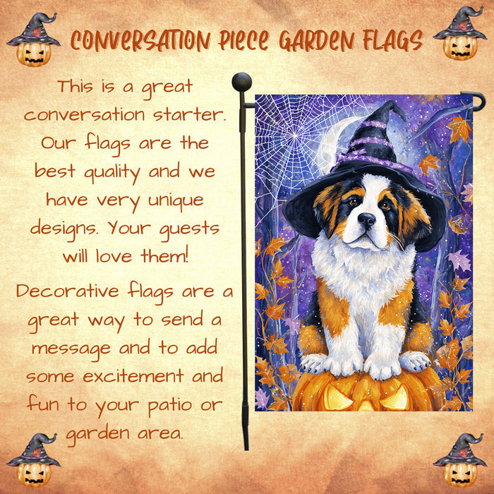 Saint Bernard Halloween Garden Flag Witch Cat Pumpkin Yard Banner Fall Outdoor Decor 12.5 x 18 Inch
