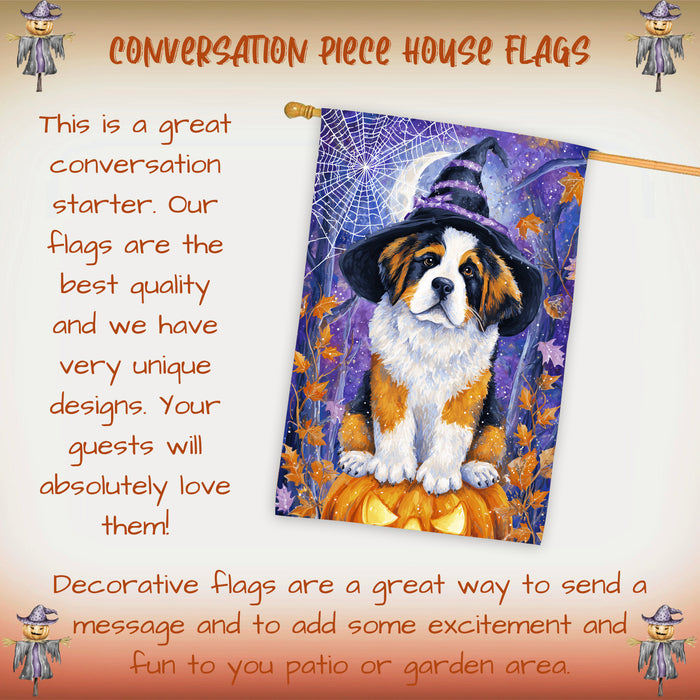 Saint Bernard Halloween House Flag Witch Cat Pumpkin Large Outdoor Banner Fall Porch Yard Decoration 28 x 40 Inch