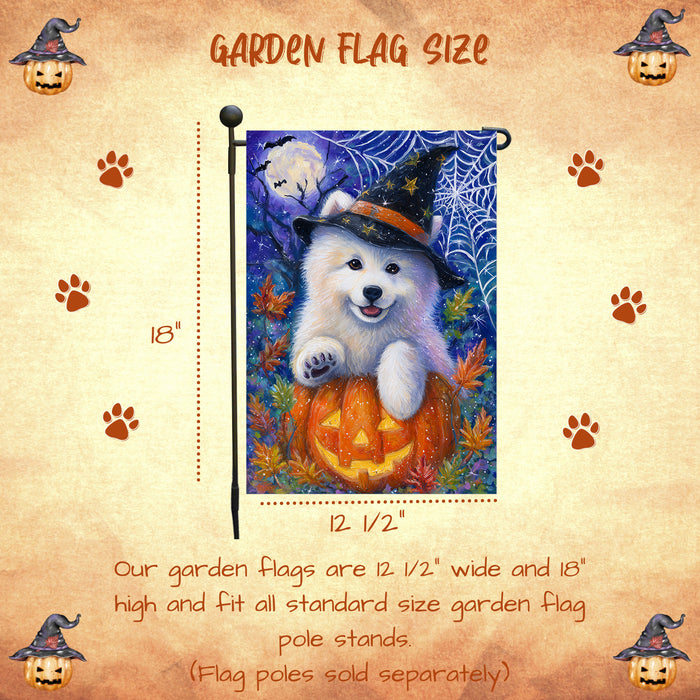 Samoyed Halloween Garden Flag Pumpkin Bat Spider Web Yard Banner Outdoor Fall Decor 12.5 x 18 Inch