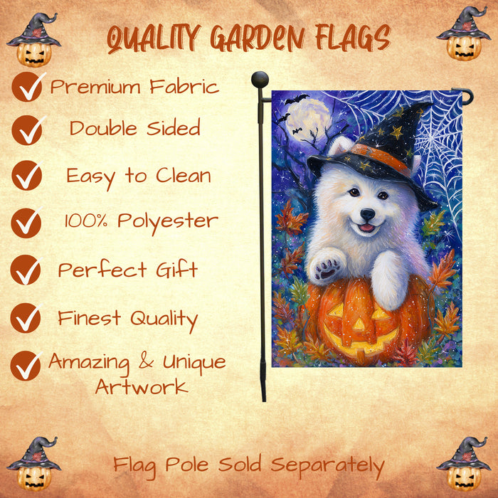 Samoyed Halloween Garden Flag Pumpkin Bat Spider Web Yard Banner Outdoor Fall Decor 12.5 x 18 Inch