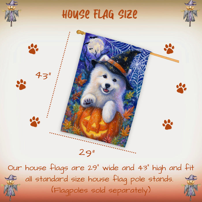 Samoyed Halloween House Flag Pumpkin Bat Spider Web Large Outdoor Banner Fall Porch Yard Decoration 28 x 40 Inch
