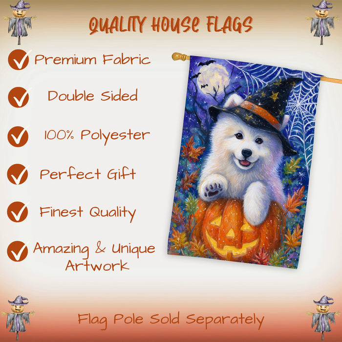 Samoyed Halloween House Flag Pumpkin Bat Spider Web Large Outdoor Banner Fall Porch Yard Decoration 28 x 40 Inch