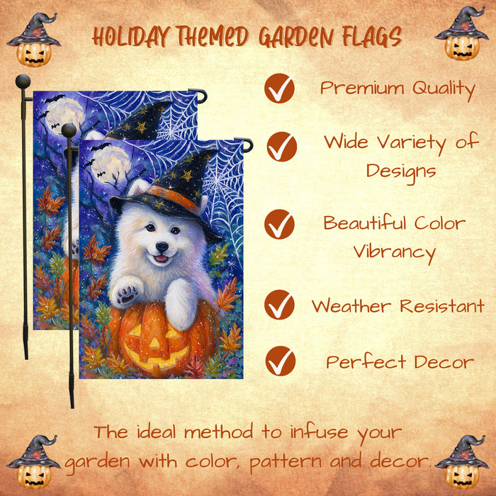 Samoyed Halloween Garden Flag Pumpkin Bat Spider Web Yard Banner Outdoor Fall Decor 12.5 x 18 Inch