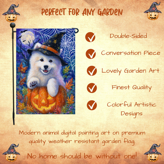 Samoyed Halloween Garden Flag Pumpkin Bat Spider Web Yard Banner Outdoor Fall Decor 12.5 x 18 Inch