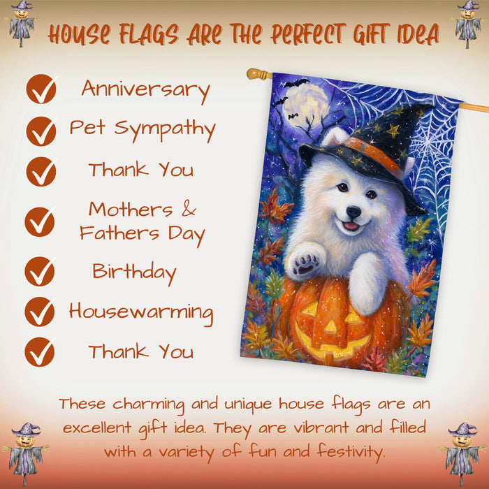 Samoyed Halloween House Flag Pumpkin Bat Spider Web Large Outdoor Banner Fall Porch Yard Decoration 28 x 40 Inch