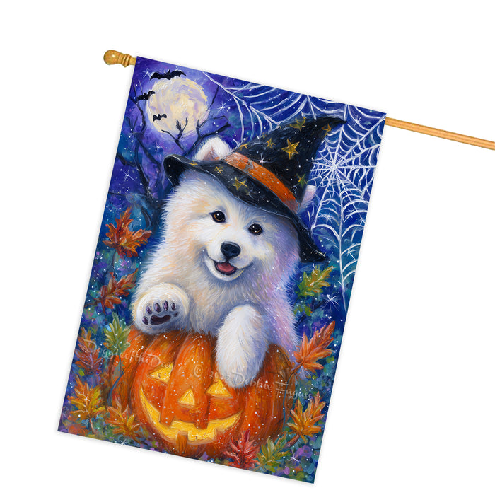 Samoyed Halloween House Flag Pumpkin Bat Spider Web Large Outdoor Banner Fall Porch Yard Decoration 28 x 40 Inch