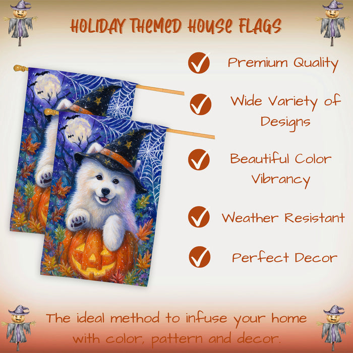 Samoyed Halloween House Flag Pumpkin Bat Spider Web Large Outdoor Banner Fall Porch Yard Decoration 28 x 40 Inch