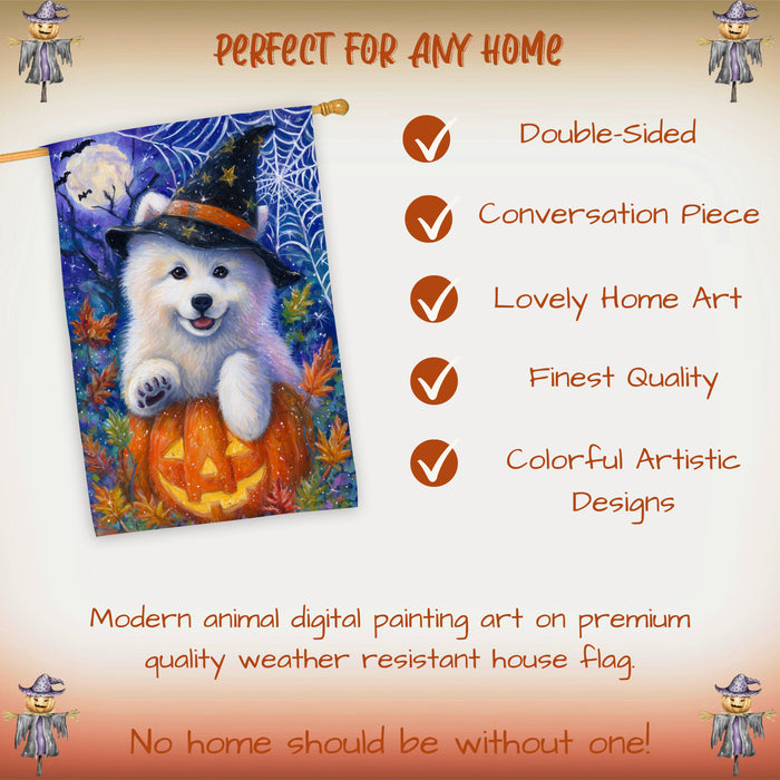 Samoyed Halloween House Flag Pumpkin Bat Spider Web Large Outdoor Banner Fall Porch Yard Decoration 28 x 40 Inch