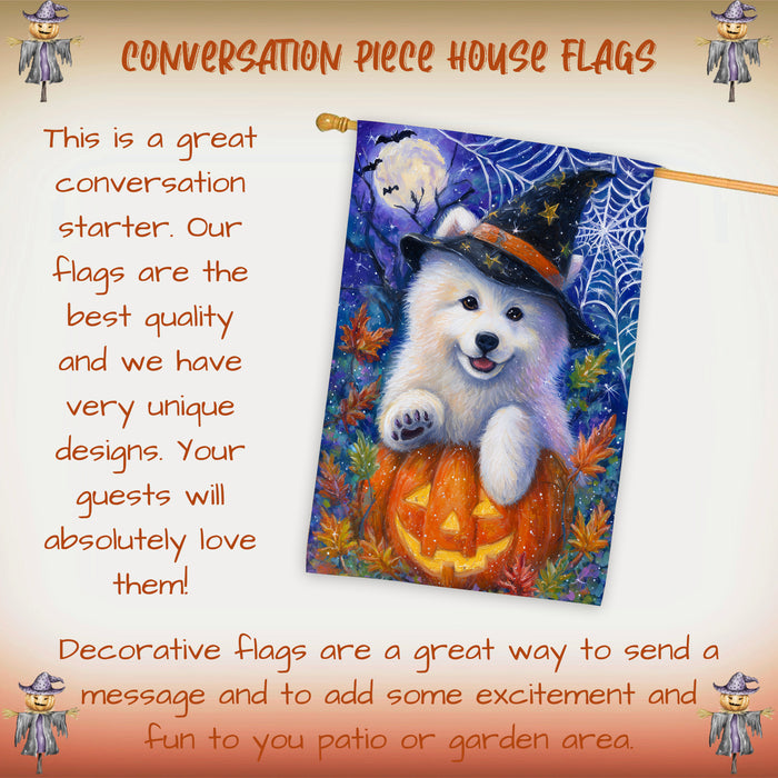 Samoyed Halloween House Flag Pumpkin Bat Spider Web Large Outdoor Banner Fall Porch Yard Decoration 28 x 40 Inch