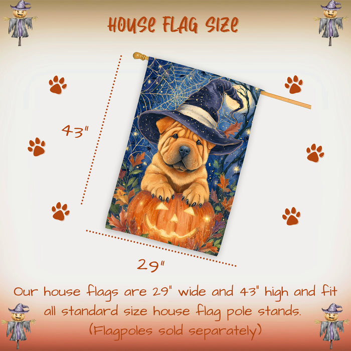 Shar Pei Halloween House Flag Pumpkin Witch Hat Dog Large Outdoor Banner Fall Porch Yard Decoration 28 x 40 Inch