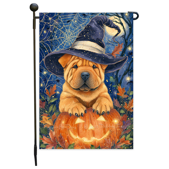 Shar Pei Dog Pumpkin Witch Hat Halloween Garden Flag Yard Banner Fall Outdoor Lawn Porch Decoration 12.5 x 18 Inch