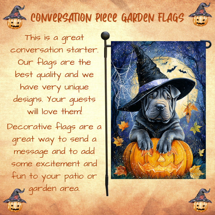 Shar Pei Halloween Garden Flag Full Moon Pumpkin Witch Hat Dog Yard Banner Fall Outdoor Decor 12.5 x 18 Inch