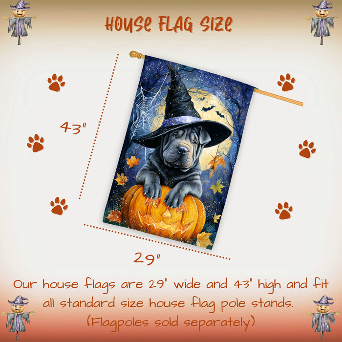 Shar Pei Halloween House Flag Full Moon Pumpkin Witch Hat Dog Large Outdoor Banner Fall Porch Yard Decoration 28 x 40 Inch