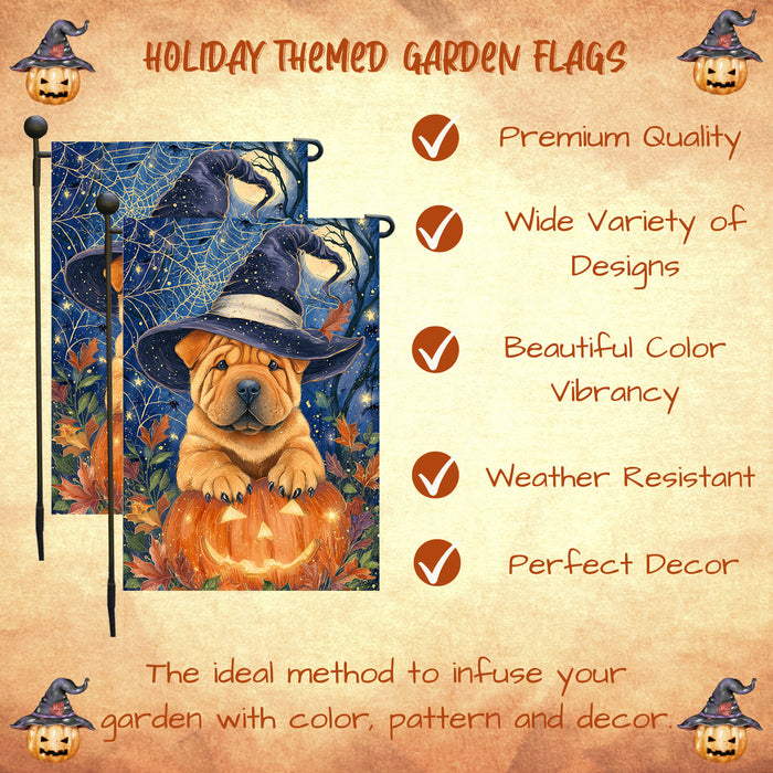 Shar Pei Dog Pumpkin Witch Hat Halloween Garden Flag Yard Banner Fall Outdoor Lawn Porch Decoration 12.5 x 18 Inch